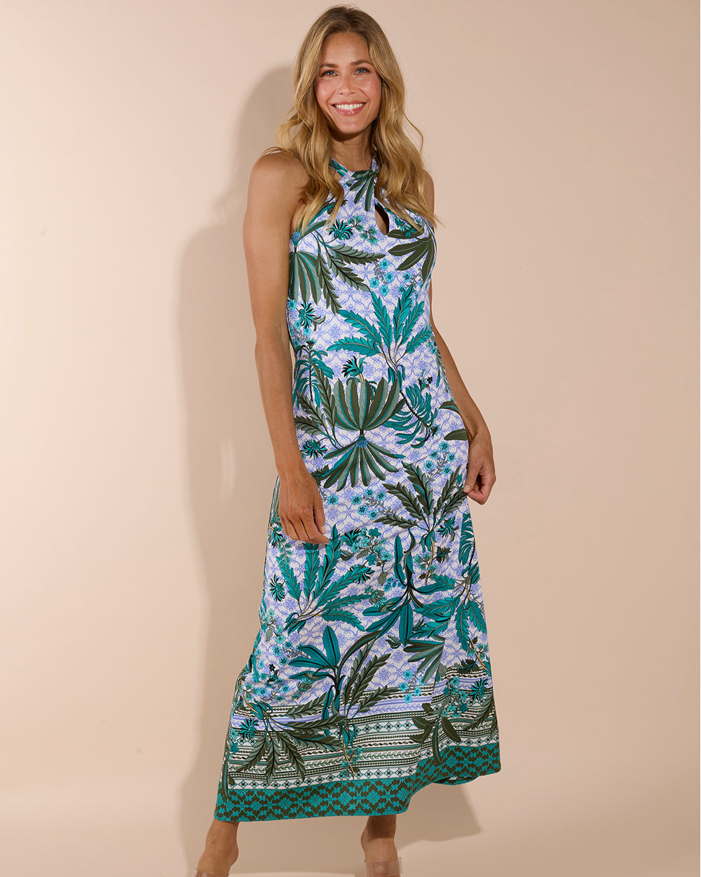 Jude Connally Bernadette Palm Royal Loden Print High Halter Neck Sleeveless Maxi Dress, Womens, S, Palm Royal Loden