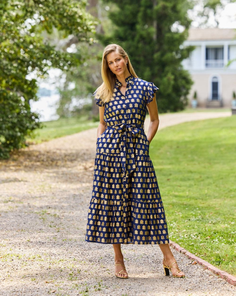Mirabella Dress Cotton Voile in Foulard Border Navy Gold| Jude Connally
