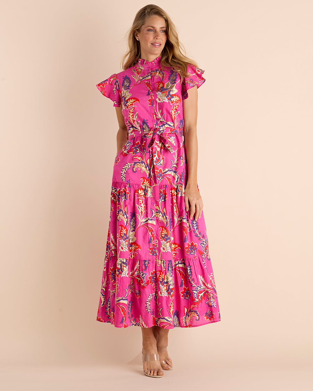 Mirabella Dress Cotton Voile in Feathered Floral Pink Gold| Jude Connally