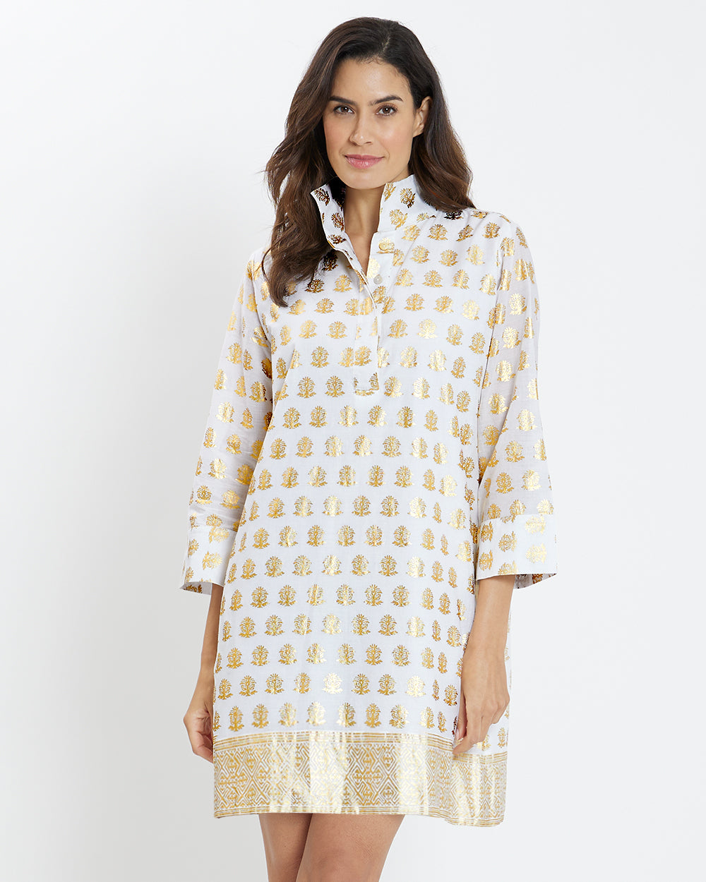 Helen Dress Cotton Voile in Foulard Border Gold| Jude Connally