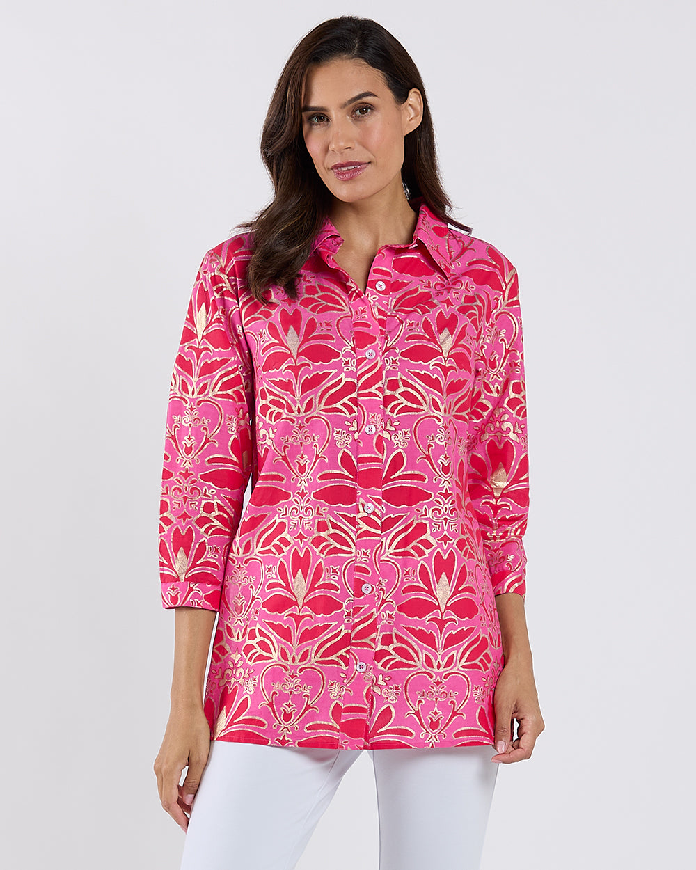 dillards gold label dress shirts Sharon Top Cotton Voile in Imperial Garden Peony Gold| Jude Connally L / Imperial Garden Peony Gold