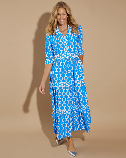 Jude Connally Candy Grand Chains Print Jude Cloth Knit V-Neck 34 Sleeve A-Line Tiered Maxi, Womens, L, Grand Chains Harbor Blue Jude Connally Candy Grand Chains Print Jude Cloth Knit V-Neck 34 Sleeve A-Line Tiered Maxi, Womens, L, Grand Chains Harbor Blue