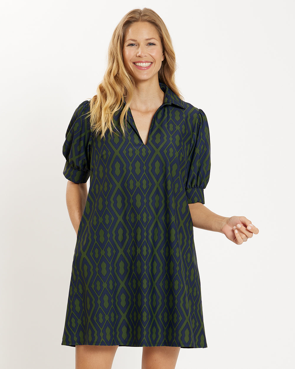 Emerson Dress Jude Cloth in Moroccan Trellis Navy Loden| Jude Connally