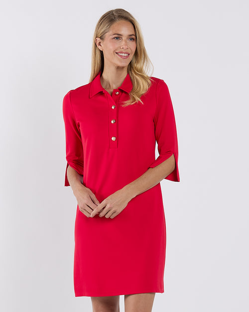 fitted lace wedding dress Jude Connally Midge Ponte Button Front Point Collar 34 Sleeve Dress, Womens, XXL, Red Gold