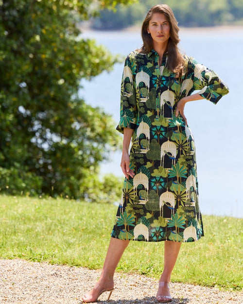 Kallan Dress Cotton Voile in Peacock Garden Black| Jude Connally