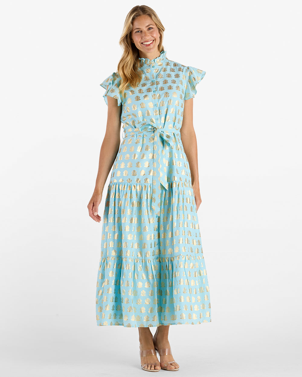 Mirabella Dress Cotton Voile in Foulard Border Light Aqua| Jude