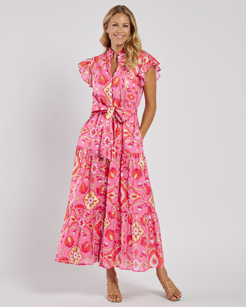Mirabella Dress Cotton Voile in Gilded Garden Peony Pink Gold