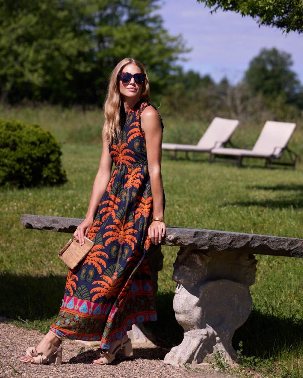 Jude Connally Constance Cotton Voile Decorative Frond Navy Print Ruffle Mock Neck Sleeveless A Line Maxi Dress S