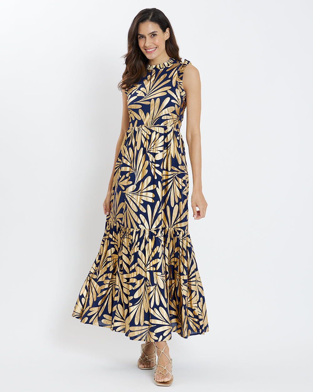 Constance Dress Cotton Voile in Ornamental Leaf Navy Gold| Jude Connally