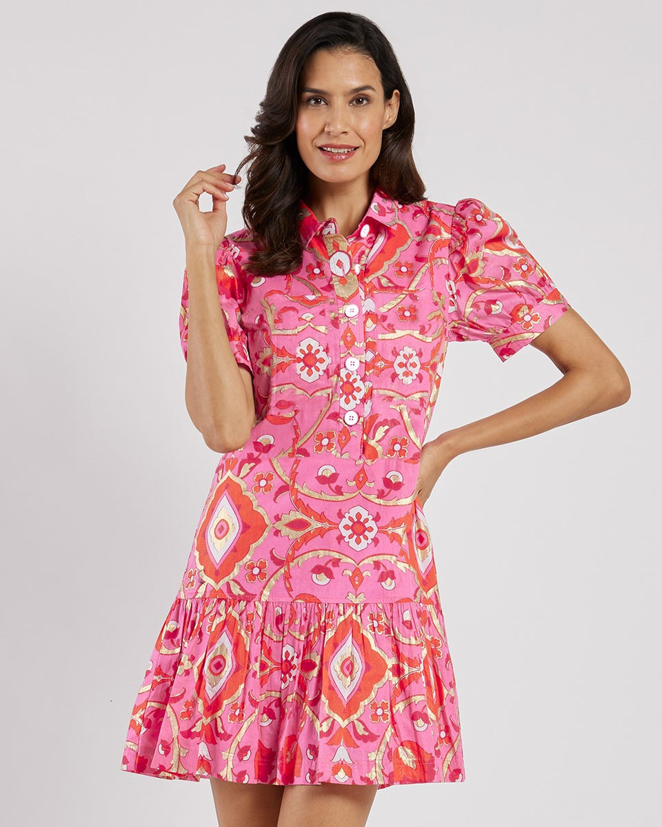Harriet Dress Cotton Voile in Gilded Garden Peony Pink Gold