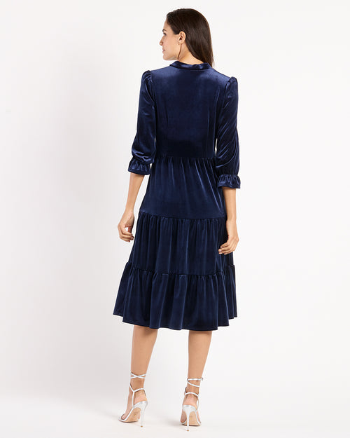 Maggie Dress Stretch Velvet in Navy| Jude Connally