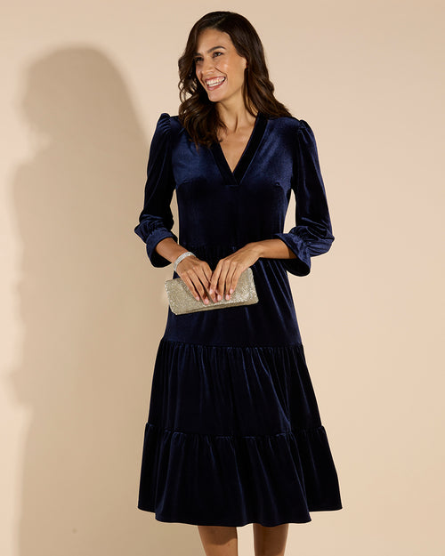 Maggie Dress Stretch Velvet in Navy| Jude Connally