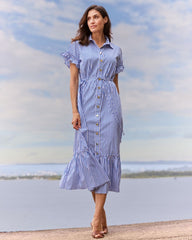 Pippa Dress Cotton Shirting in Cotton Stripe French Blue