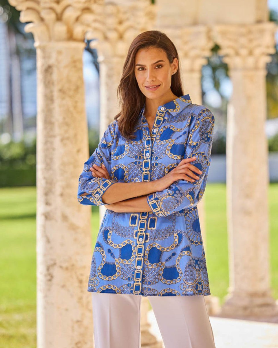 Sharon Dress Cotton Voile in Heritage Chains Peri Gold| Jude Connally M / Heritage Chains Peri Gold